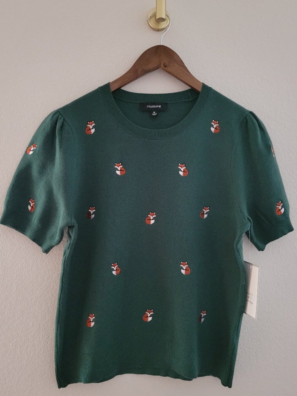 Calligraphie Green Fox Embroidered Puff Short Sleeve Knit Sweater Top Medium